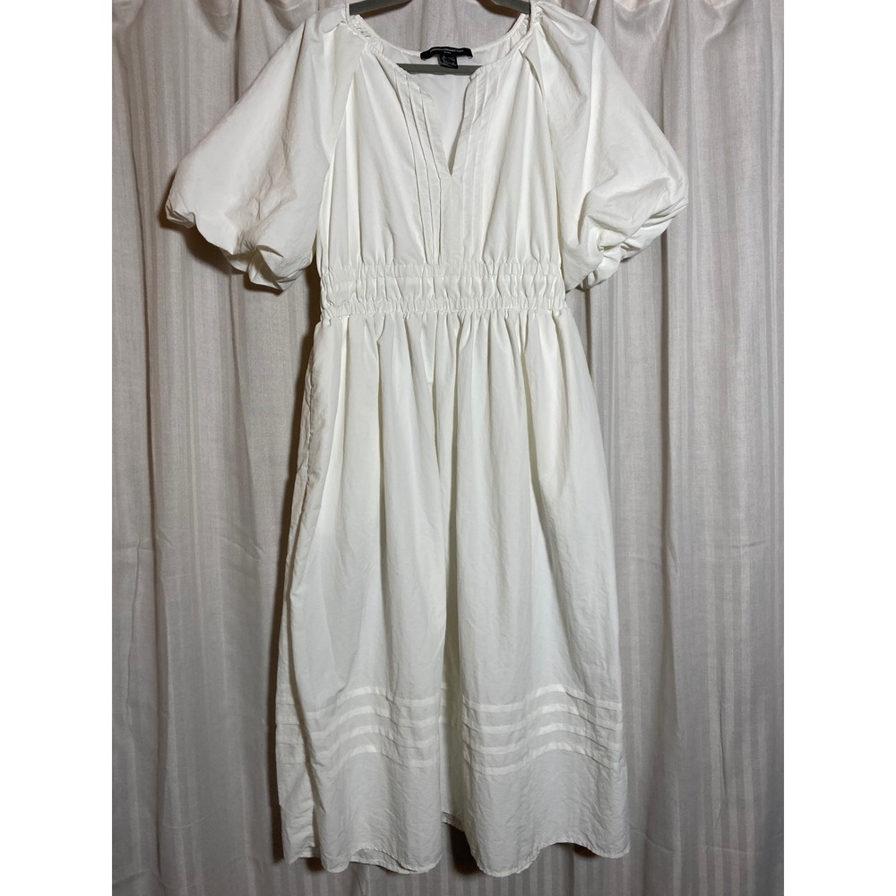 French Connection Cottagecore White Puff Sleeve Smocked Midi Dress Womens 10
